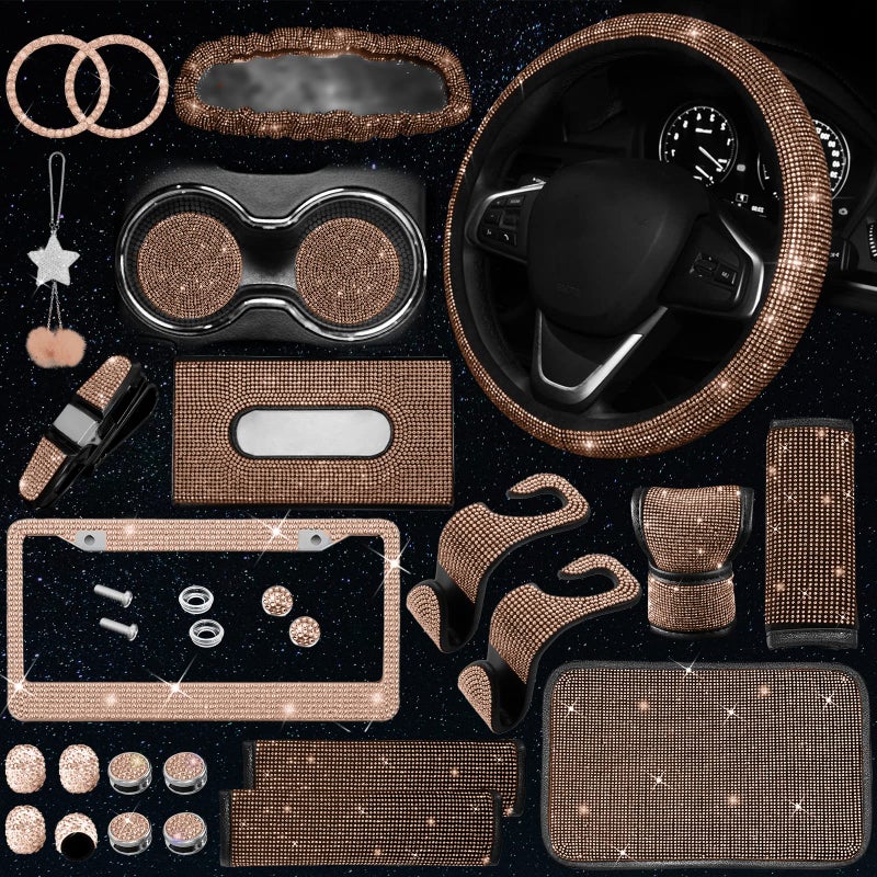 JINGSEN 25PCS Bling Car Parts Set  Car Parts Set Female Plug Universal 15 Inch  Shiny License Plate Frame  Center Console Cover and Rearview Mirror Set and Other Car Accessories(Champ) - Image 1